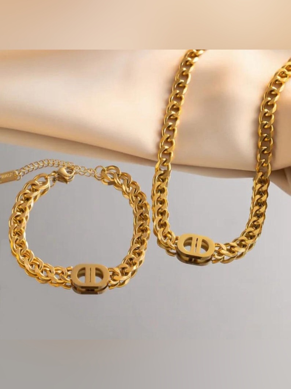 SOLD Stainless Steel Luxury Designer Gold Chain Bracelet & Necklace Set - Picture 6 of 16